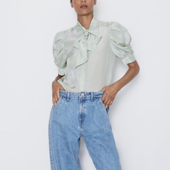 Zara Sea Green Pussybow Satin Blouse - Picture 2 of 7
